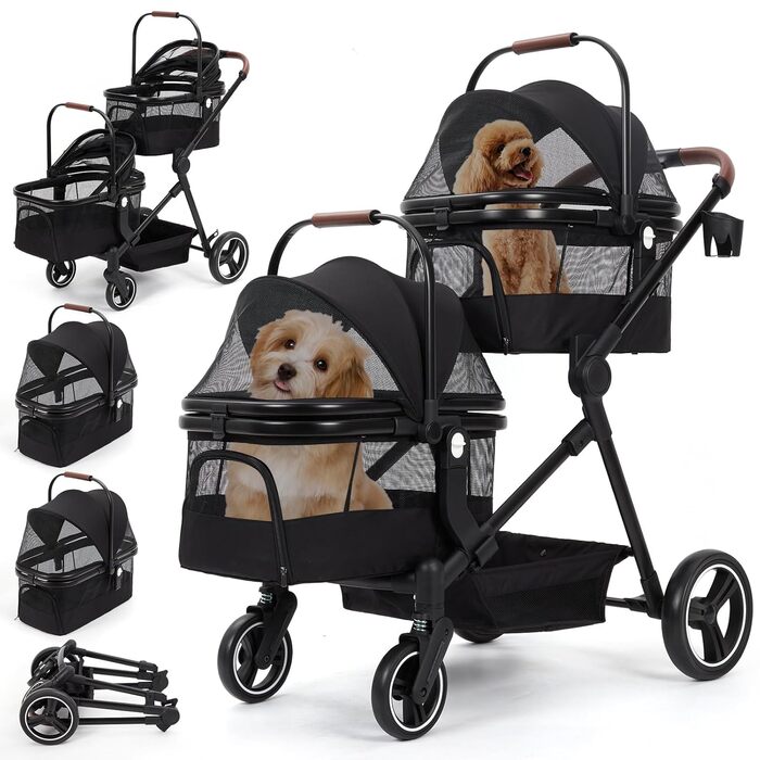 Візок для собак Zstar: двомісний, чорний, складний, з сумками для тварин (до 15 кг кожна)