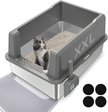 Великий металевий туалет для котів з кришкою XXL 71×51×36 см, нержавіюча сталь, проти протікання, легке очищення, для великих та кількох котів