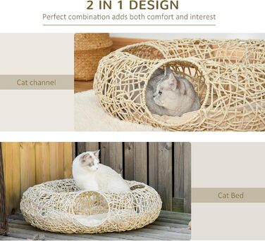 PawHut Корінь для котів з ротангу, 78x69x22 см, з м'яким подушкою, 3 входи, тунель для котів, натуральне дерево