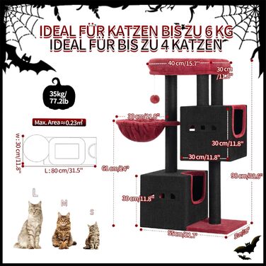 Дерево для кігтів Hzuaneri, 98 см, зі стійкою основою, з лежаком, будиночком для котів, сизалевими стовпчиками, кошиком та іграшками, меблі для котів, ігровий комплекс, MS07618LG (55 x 30 x 98 см, Чорний/Червоний)