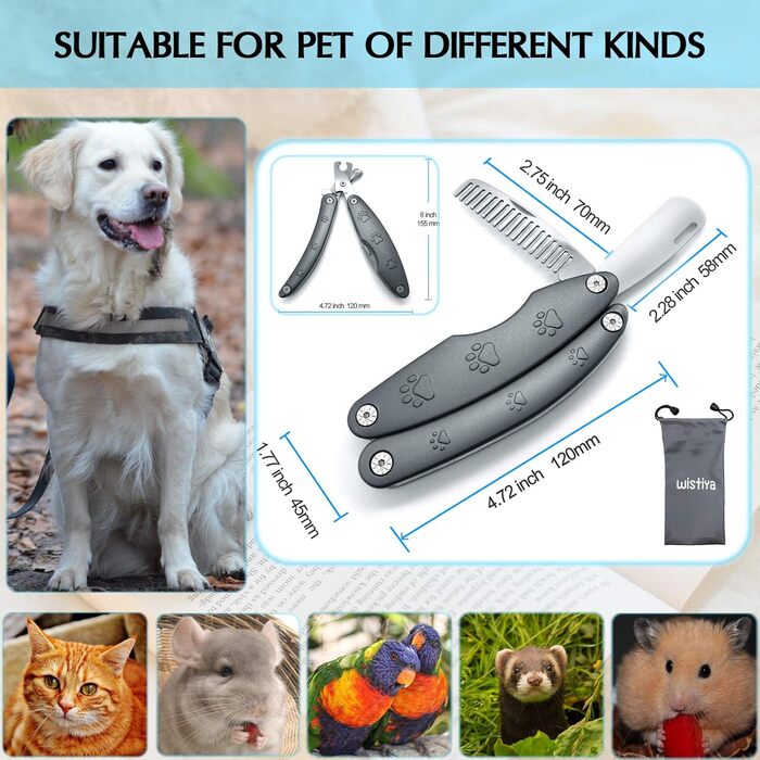Набір для догляду за нігтями домашніх тварин 3-в-1: тример, пилка, гребінець. Підходить для собак та котів будь-якого розміру. З нержавіючої сталі, професійний, портативний