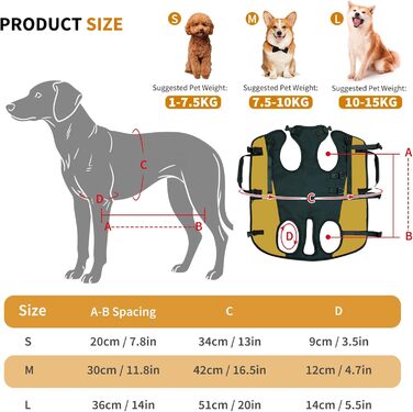 Шлейка-рюкзак для собак PETCUTE, для великих собак, з ручкою, регульована, для собак з артритом та проблемами з суглобами, 7.5-15 кг (S, чорний+жовтий)