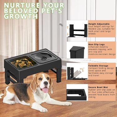 Підвищений годівниця для собак з регульованою висотою, 1600 мл, нержавіюча сталь, антизадушливий та повільне годування, для собак маленьких, середніх та великих порід