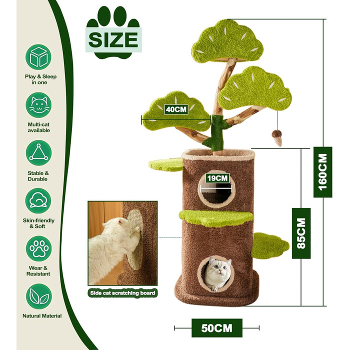 Дерев'яний кігтеточка для великих котів Kratzaum Groß 190CM XXL - багатоярусна конструкція з сизалю, платформи, будиночок, ігровий комплекс