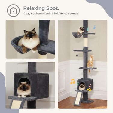 PAWZ Road Котячий драпак до стелі, регульований котячий комплекс 216-273 см з гамаком, будиночком і антиковзним ременем, темно-сірий