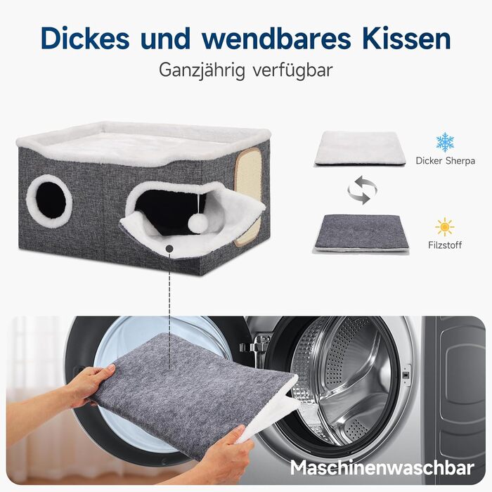 Шика Будинок-печеринка для котів, великий закритий будиночок для котів, 61T*45B*32H см, двоярусний куб для котів, XXL печеринка для котів з когтеточкою та іграшкою, будиночок-печеринка для маленьких та середніх тварин, великий, сірий