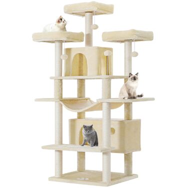 MSmask Котячий будиночок-когтеточка великий, 194 см, XXL, з 3 платформами, 2 печерами, сизалевими стовпами, гамаком, когтеточкою з рампою