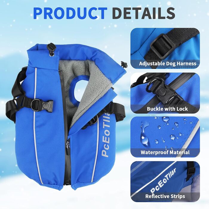 Водонепроникна куртка для собак PceOllar, тепла та вітронепроникна, з світловідбиваючими елементами, для маленьких собак та цуценят, блакитна