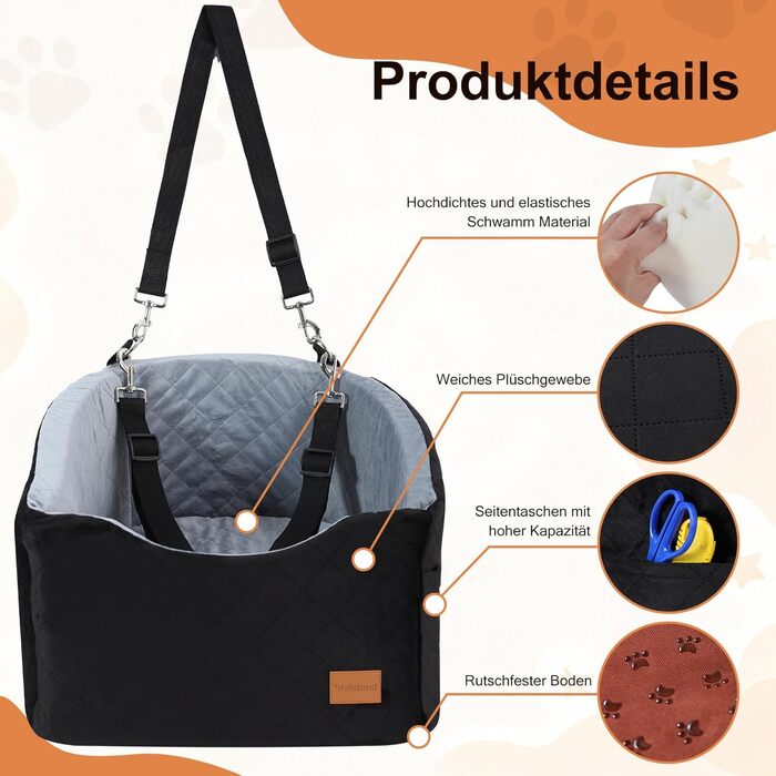 Автокрісло для собак середніх порід до 22,7 кг, автосидіння для собак, крісло-ліжко для подорожей з ременем безпеки, товстим матрацом, неслизьким дном, з можливістю прання та перенесення (Чорний) (55x30x30 см, 52x52x40 см)