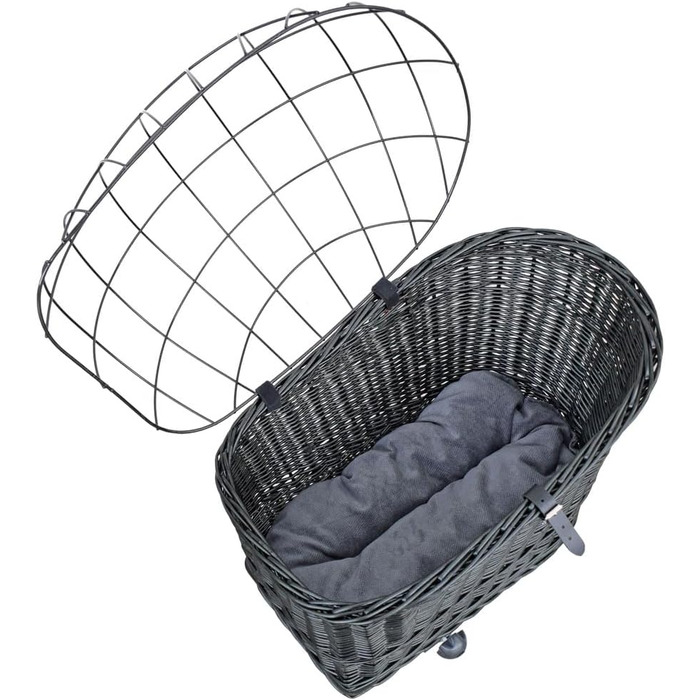 Корзина для собак на велосипед – ручної плетіння з лози, з ґратчастою кришкою, кріпленням для багажника та знімним подушечкою. Розмір: 60 x 39 x 50 см, колір чорний (венге), XL