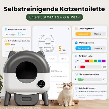 Автоматичний лоток для котів з самоочищенням 65л, 9 сенсорів, керування через додаток, захист від защемлення (сірий)