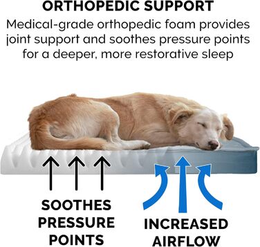 Гіркий собачий лежак Furhaven з охолоджуючим гелем, водовідштовхувальний, для собак середніх та маленьких порід, до 15,9 кг, знімний, пральний чохол, для дому та вулиці, блакитний, розмір L (91 x 69 x 8 см)