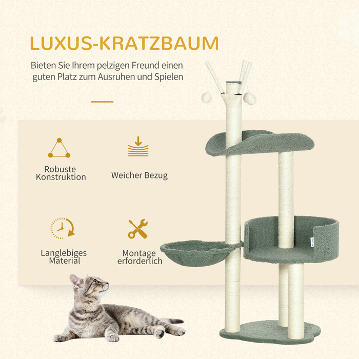 PawHut Cat Tree 123H см Лазильне дерево з кошиком і м'ячем, сизалева колона, ДСП, зелений + кремовий білий| Аосом