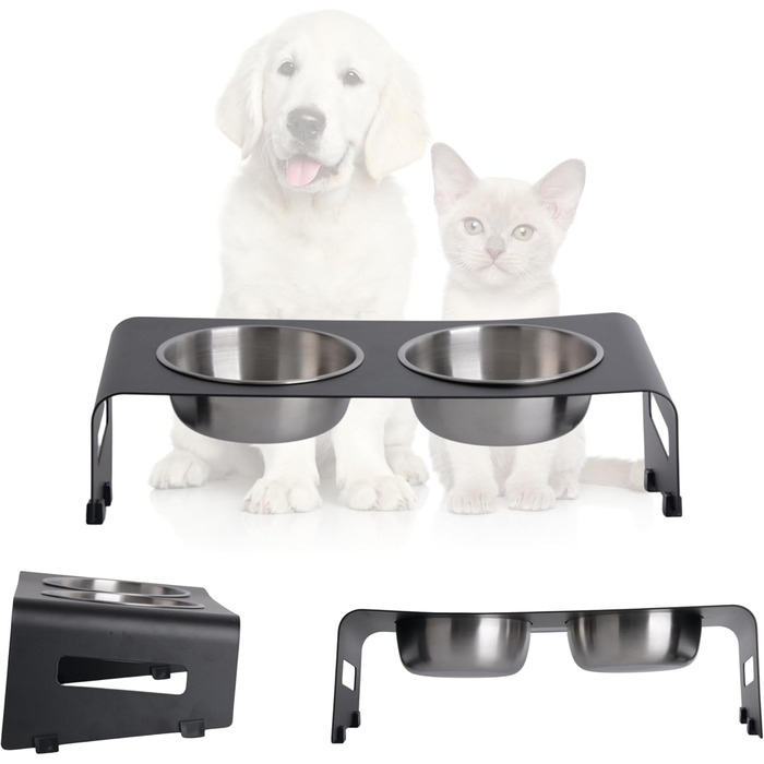 Підставка для корму PETLINUS для котів, піднята годівниця, ергономічна миска для котів, миска для котів з нержавіючої сталі та металу, годівниця для котів та маленьких собак (Чорний - Нахилена)