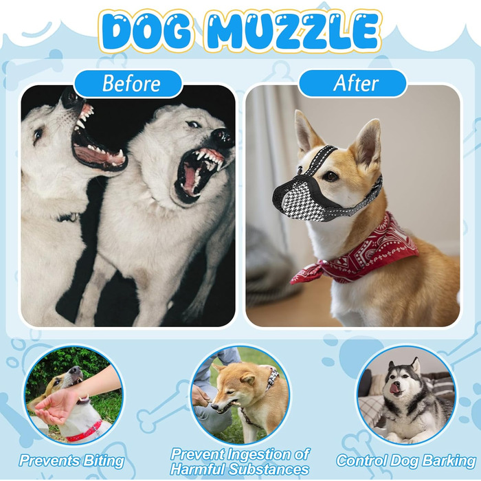 Нашийник-маска для собак, м'який, дихаючий, сітчастий матеріал, регульований, для малих, середніх та великих собак, запобігає гавкоту, їжі та кусанню, 2 шт. Чорний/Білий S