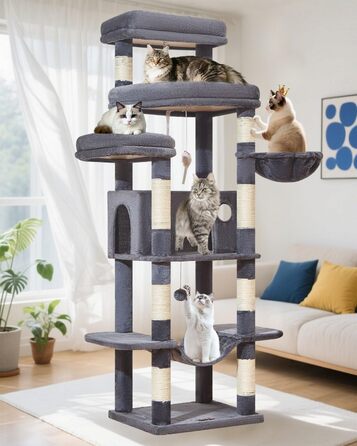 Комплекс для котів Taoqimiao 180 см XXL: Дряпка-стовпчик для великих котів (Мейн-кун), будиночок, гамак, платформа, 9 стовпчиків, кошик, темно-сірий