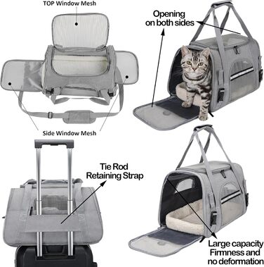 Транспортна сумка для тварин, сіра, 44x25x28 см, з плюшевою подушкою, переноска для кота/собаки, портативна, на блискавці