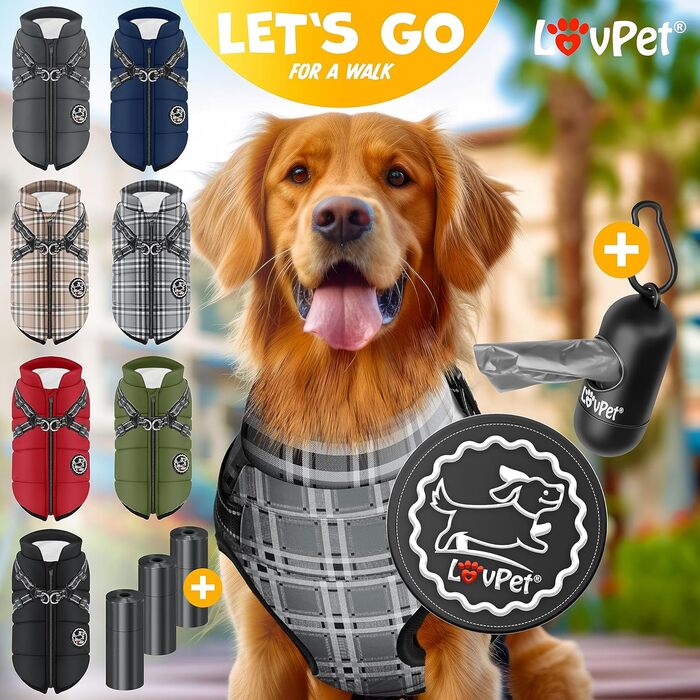 LOVPET® зимова куртка для собак 2XL, сіра, водонепроникна, утеплена, з вбудованим шлейкою, світловідбивачами, D-кільцем, 45 пакетів для прибирання та диспенсером