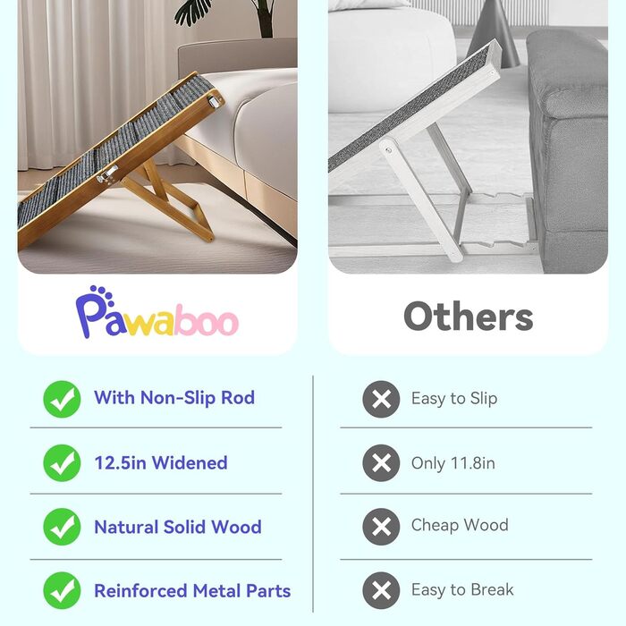 Рампа для собак Pawaboo, дерев'яна, 4 положення висоти, 13,6'-21', для маленьких собак та котів, з антиковзним покриттям, для ліжка/дивану, горіх, 80x30 см