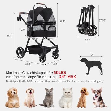Складаний візок для собак та візок-буги для тварин до 15 кг, одноярусний, з повідцями безпеки, сітковими вікнами та місцем для зберігання, ідеальний для подорожей та прогулянок, чорний