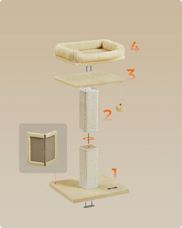 Котячий дряпак Feandrea 71 см, з плюшевою платформою 40x30 см, сизалевою стовпчиком та підвісною іграшкою, бежевий