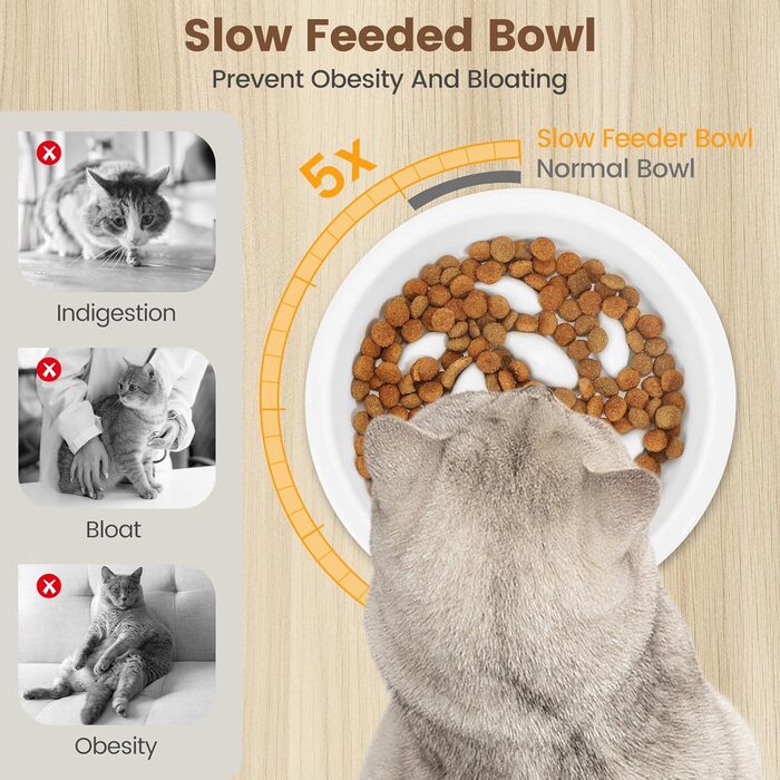 Набір мисок для котів PETTOM Anti-Schling з кераміки: піднята миска з нахилом 15°, бамбукова підставка, протиковзаюча, для вологого та сухого корму