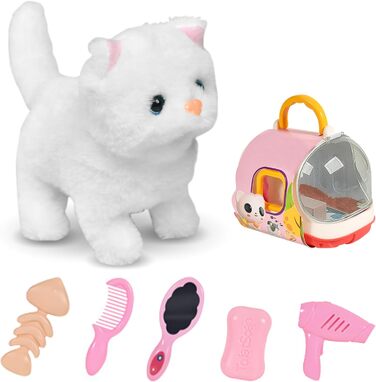 Інтерактивна іграшка-кіт для дітей: реалістичний плюшевий кіт, що ходить та муркоче, білий колір. Ідеальний подарунок для дівчаток 3-7 років