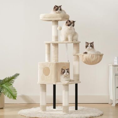 Комплекс для котів Heybly Kratzbaum 125 см: Дряпка-стовпчик з будиночком, полицями та іграшкою, бежевий