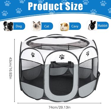 Складана переносна вольєр для цуценят та собак, 74x74x43 см, водовідштовхувальне полотно Oxford, сірий, M