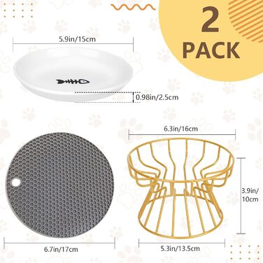 Підвищені годівниці для котів 2 шт. з кераміки з металевим підставкою, миски для котів з силіконовим килимком, станція для годування котів, миски для котів для їжі та води (Золотий)