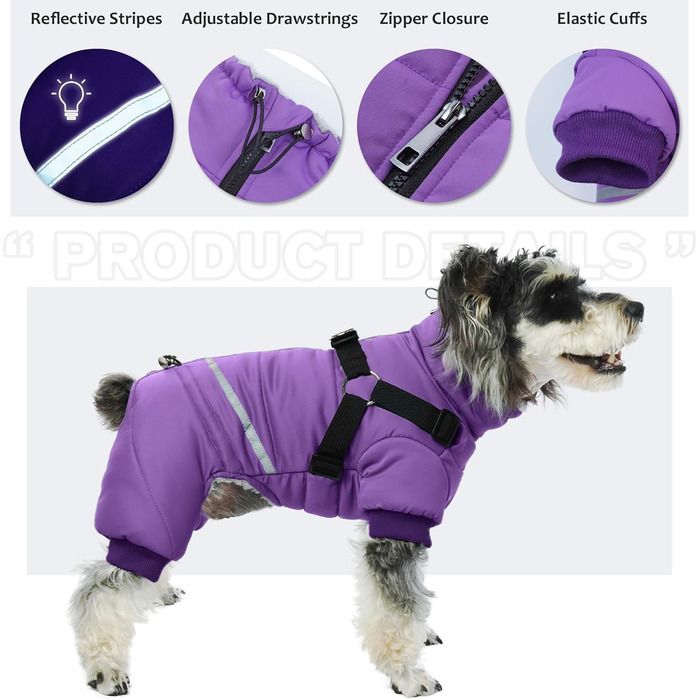 Водонепроникний теплий зимовий одяг для собак середніх порід, комбінезон з отвором для шлейки, тепла жилетка, светр для собак з кільцями D (M, фіолетовий)