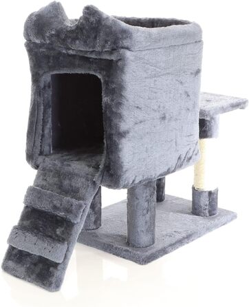 Котячий будиночок та кігтеточка Fudajo темно-сірого кольору 60 см з платформою, лежаком та ігровим м'ячиком, кігтеточка з драбиною, меблі для котів з сизалю