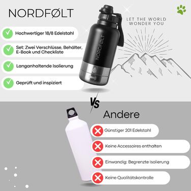 NORDFØLT® Поїлка для собак 4-в-1 з мисками для води та корму, 950 мл, ізотермо-пляшка з нержавіючої сталі, аксесуари для собак, BPA-Free