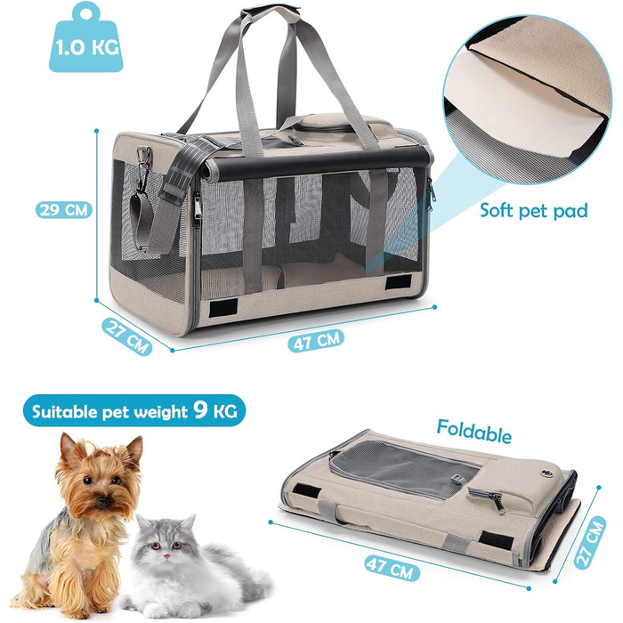 ALLSOPETS Складана переноска для собак і котів, дихаюча сумка для транспортування тварин, на плече, для подорожей, туризму, кемпінгу, бежевого кольору