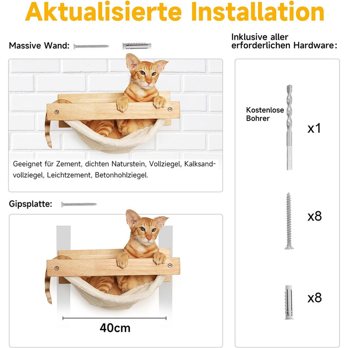 Кігтеточка-стінка для котів FUKUMARU, велике котяче ліжко на стіну, з масивного гумового дерева, біле фланелеве покриття, вантажопідйомність до 18 кг