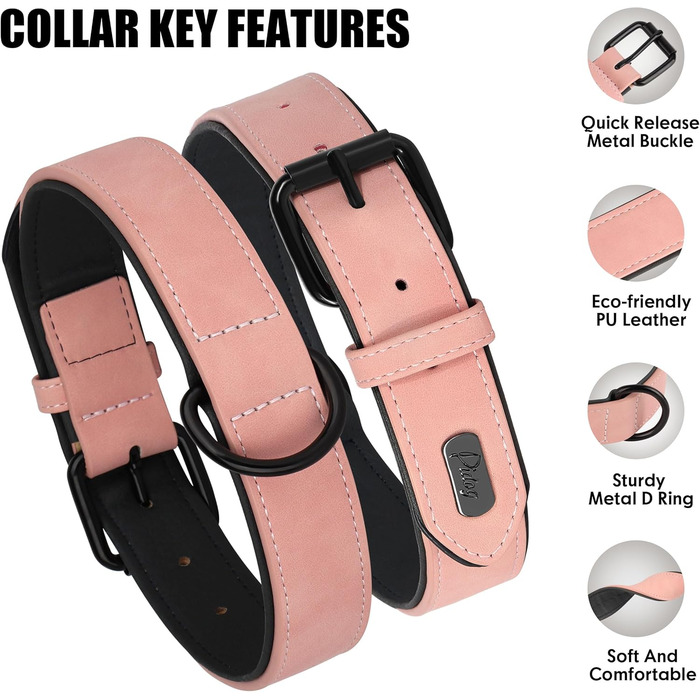 Нашийник для собак Didog з м'якої шкіри, дихаючий, міцний, з регульованою металевою застібкою, зелений, L (M:30-38cm,6-10kg, Рожевий)