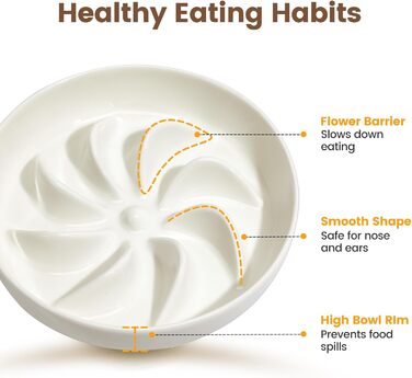 PETTOM Миска для котів протиковзаюча піднята, керамічна миска для котів, повільна годівниця для котів, миска протиковзання для котів та маленьких собак, біла миска + підставка (миска біла-квітка + підставка)