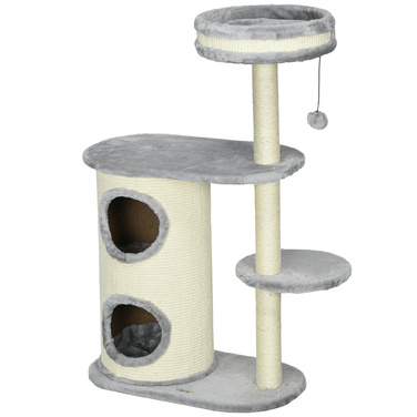 Кігтеточка PawHut Cat з 2 отворами, мотузковий стовпчик з сизалю, кілька платформ, м'яка плюшева та м'ячова іграшка, сіра 59x35x100 см