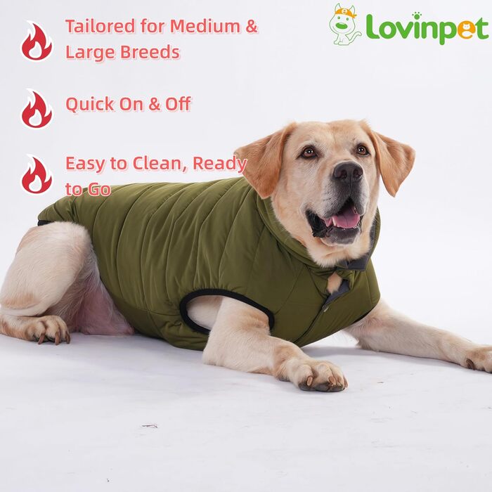 Зимова куртка для собак LovinPet, двостороння, розміри M, L, XL, куртка з ґудзиками, вітронепроникна, снігонепроникна та водонепроникна, темно-зелена та сіра для холодної погоди