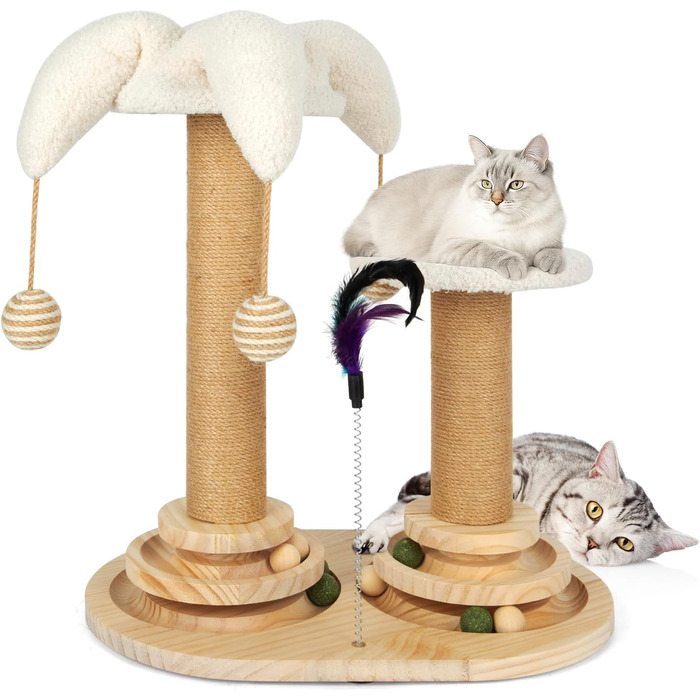 Інтерактивна іграшка для котів 6 в 1, дерев'яні котячі меблі з підвісними кульками, пір'ями, поворотним шариком, котячий когтетоп з сизалю та джуту для кошенят та середніх котів, зелений (білий)