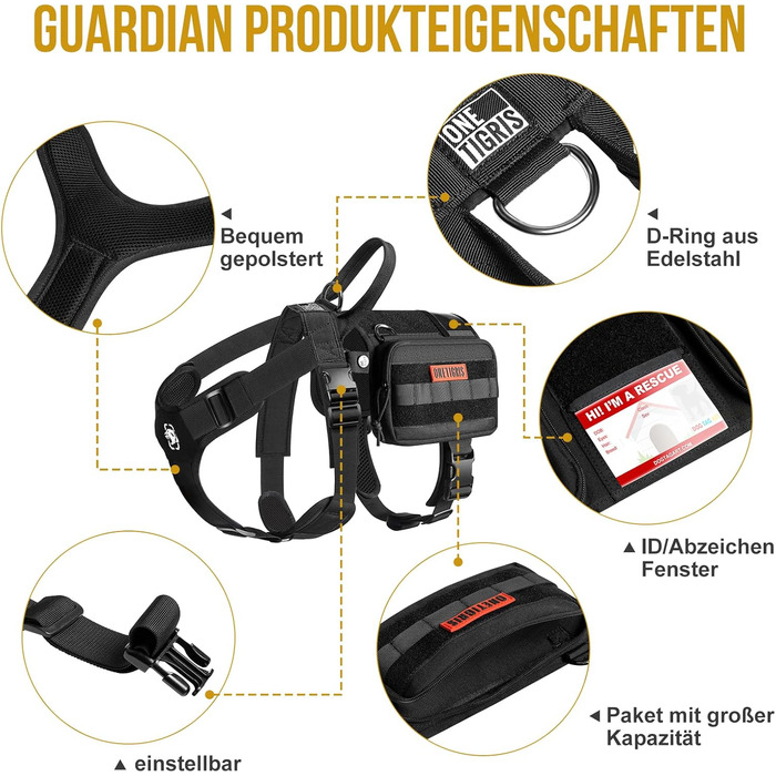 OneTigris шлейка для собак Guardian з 3 D-кільцями з нержавіючої сталі та великою сумкою, безпечна амуніція для середніх і великих собак