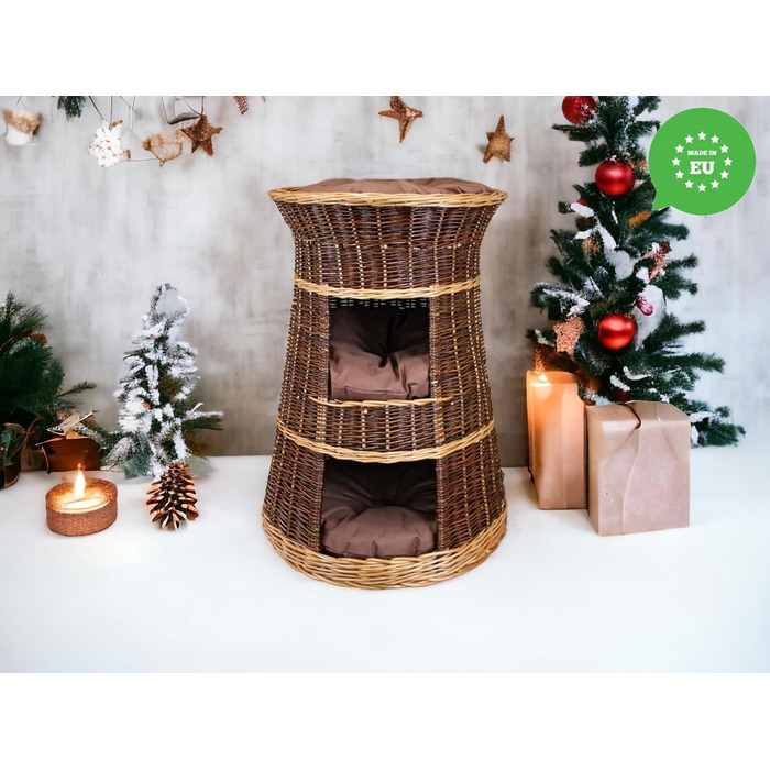 Корзина для котів для сну – котяча хатинка для дому – розмір 43 x 49 x 70 см, кругла – котяча печера з лози, трирівневе ліжко для собак або котів з пральними подушками в бежевому кольорі – лакована корзина (коричневі подушки)