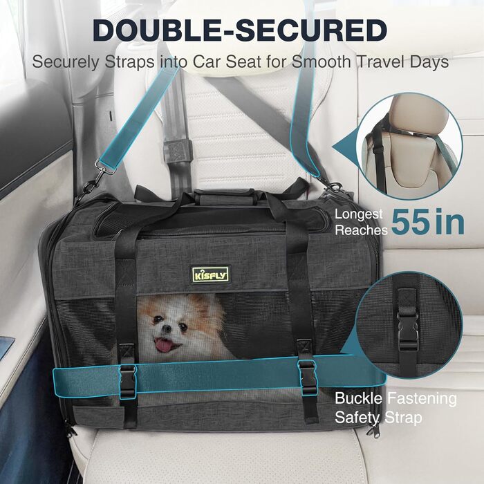 Транспортна переноска для тварин, схвалена TSA, 43.2 x 30 x 24.1 см, м'яка переноска для котів та собак, до 5.4 кг, з туалетом для котів (20x13x13 см), чорна