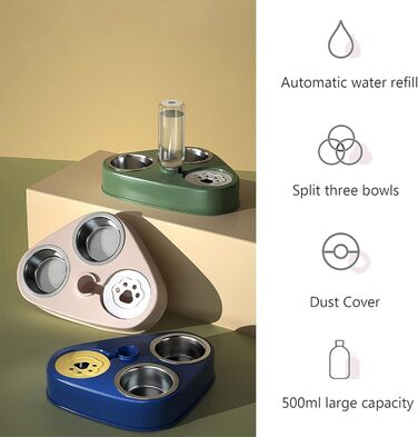 Миска для кота з нержавіючої сталі 3-в-1 з автоматичним дозатором води, подвійна миска для котів та собак (зелена)