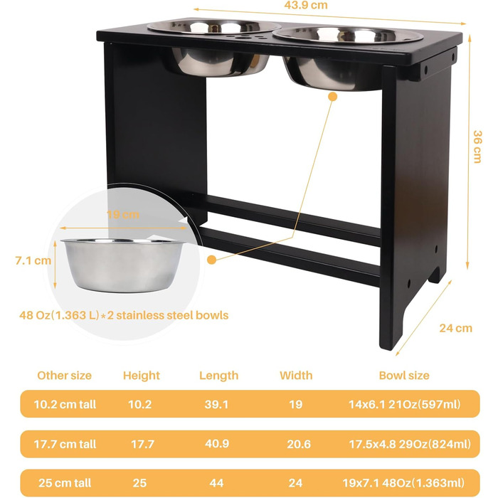 Підвищені годівниці для собак великих порід, годівниці на підставці, без розливання, годівниця для собак велика з 2 мисками з нержавіючої сталі (чорний) XL, висота 35.56 см, об'єм миски 48 oz (чорний)