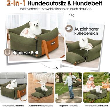 Автомобільний лежак для собак маленьких та середніх порід (до 15 кг), з висувною зоною відпочинку, знімний та пральний, з кишенями та ременем безпеки, зелений