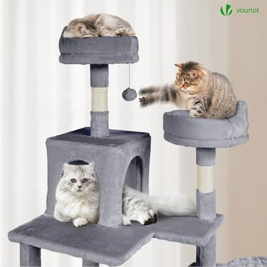 Двоповерховий котячий будиночок Vounot XXL (215 см), стійкий котячий комплекс з гамаком, корзиною та шматочками для дряпання, сірий