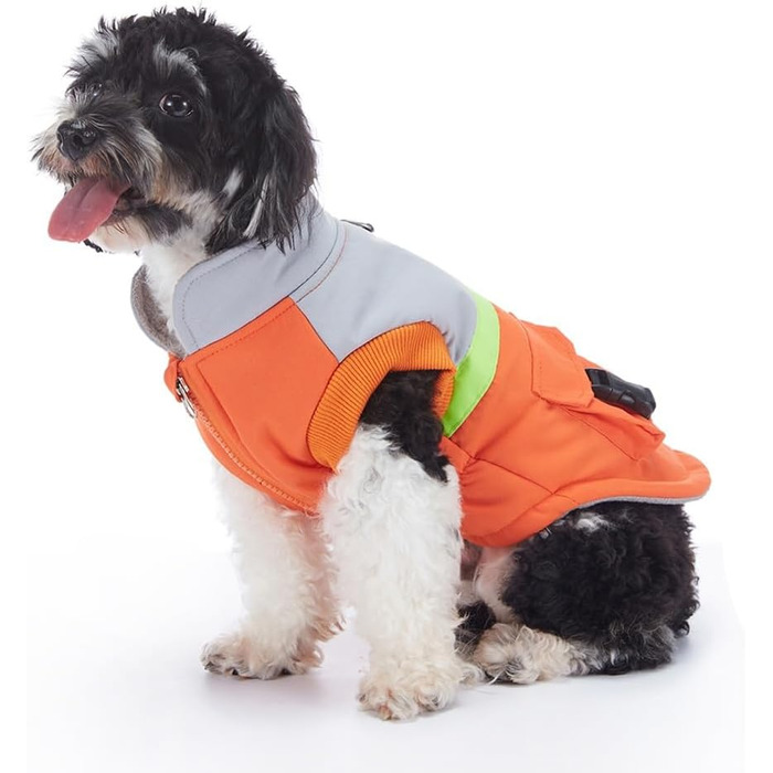Водонепроникна тепла куртка для собак маленьких та середніх порід. Зігріваючий зимовий одяг для собак, захисна жилетка з отвором для повідка та кишенями. Відбиваюча куртка (Помаранчевий/Сірий, S)