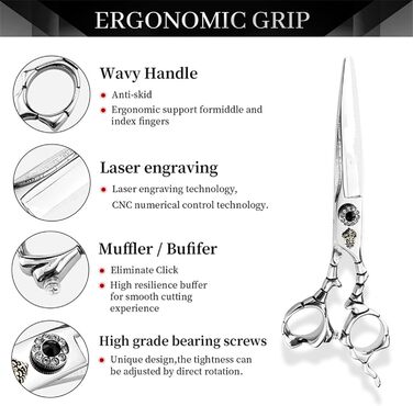 Набір ножиць для грумінгу собак 6 дюймів: прямі та розріджуючі ножиці для професійного догляду за шерстю. З регульованим гвинтом та візерунками. Срібний колір.