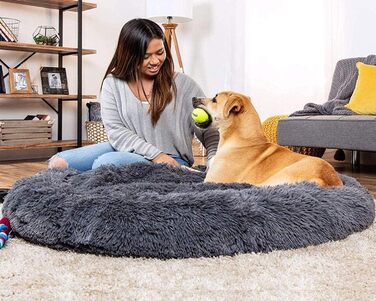 Ортопедична лежанка для собак XL: м'яка, кучерява, з пам'яті ефекту, овальна, для великих, середніх собак. Лежанка-софа Donut, темна сіра.